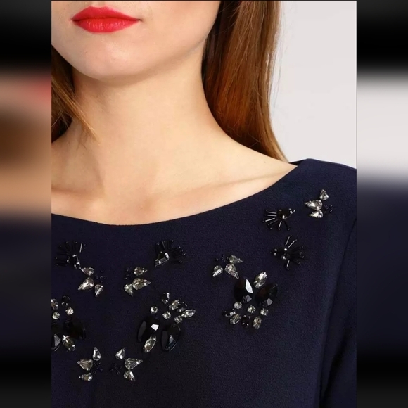Banana Republic Embellished Crepe Shift Lined Dress, Navy Size 4 - Picture 2 of 13